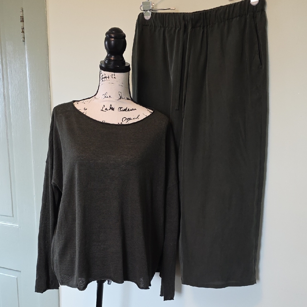 Eileen Fisher Olive Relaxed Long Sleeve Top & Wide Leg Pants Set